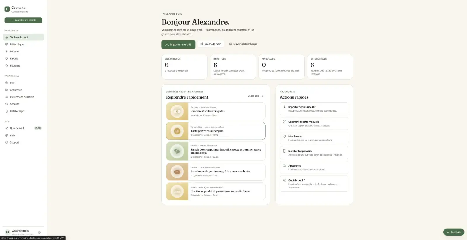 Capture du projet Cookuna : dashboard