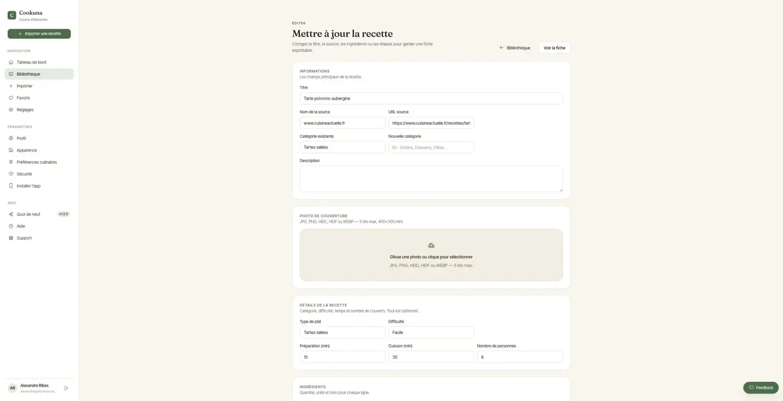 Capture du projet Cookuna : recette form
