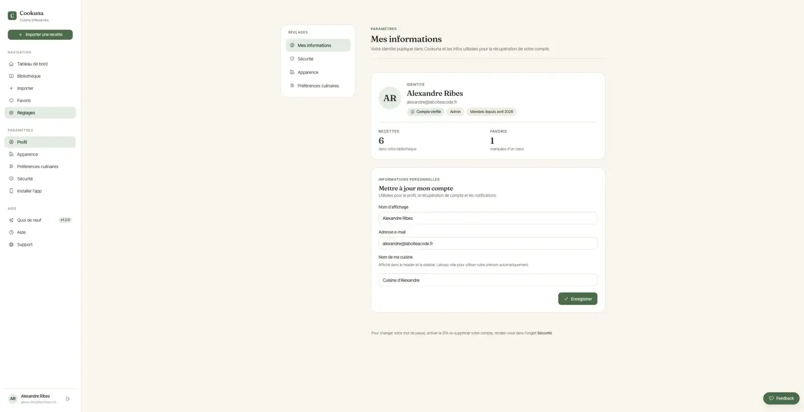 Capture du projet Cookuna : settings