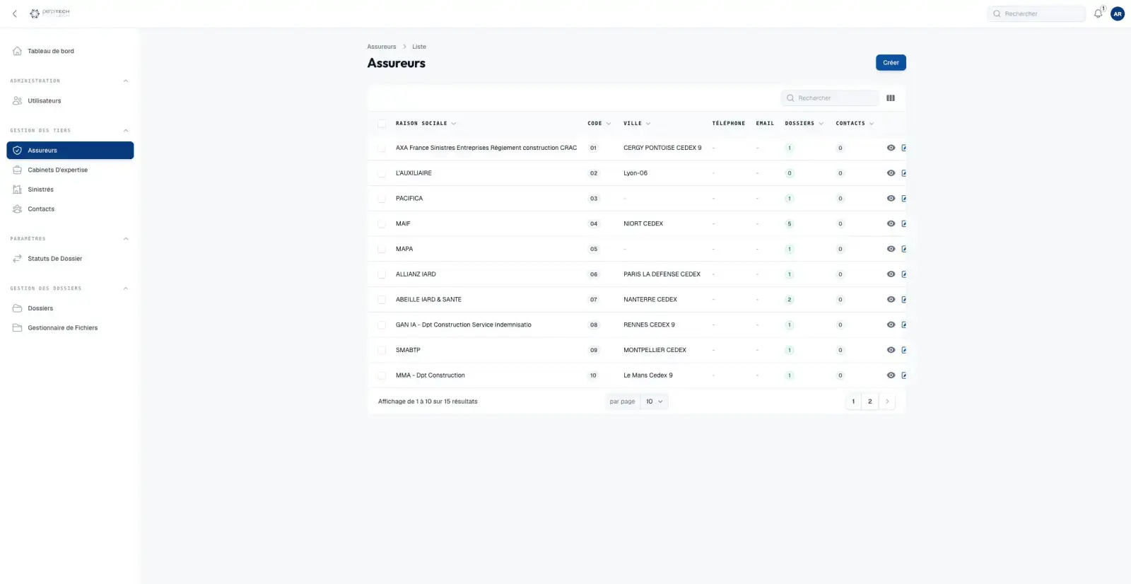Capture du projet CRM Perpitech : assureurs