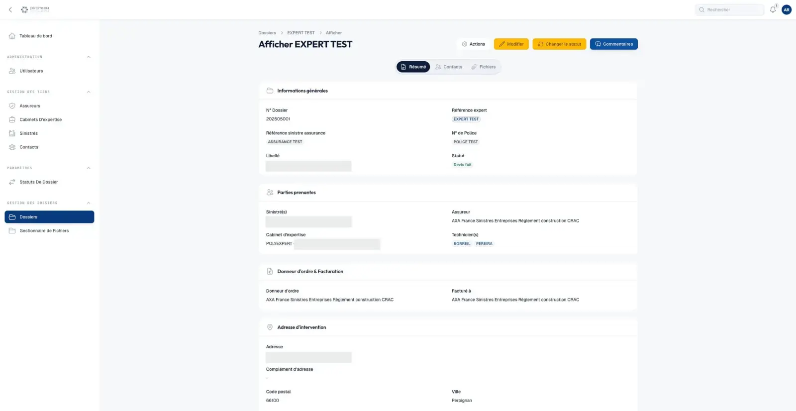 Capture du projet CRM Perpitech : dossier details