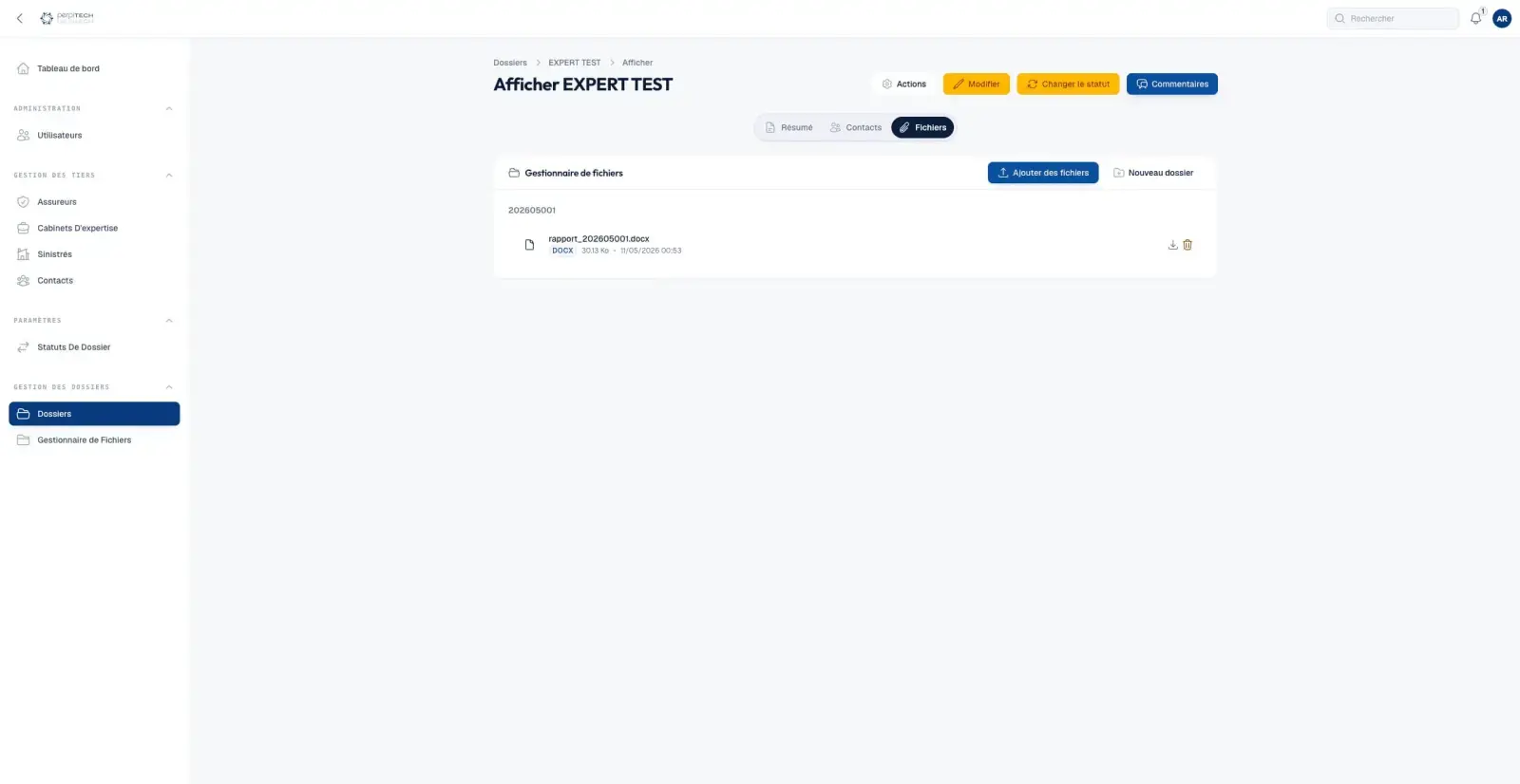 Capture du projet CRM Perpitech : dossier liste fichiers