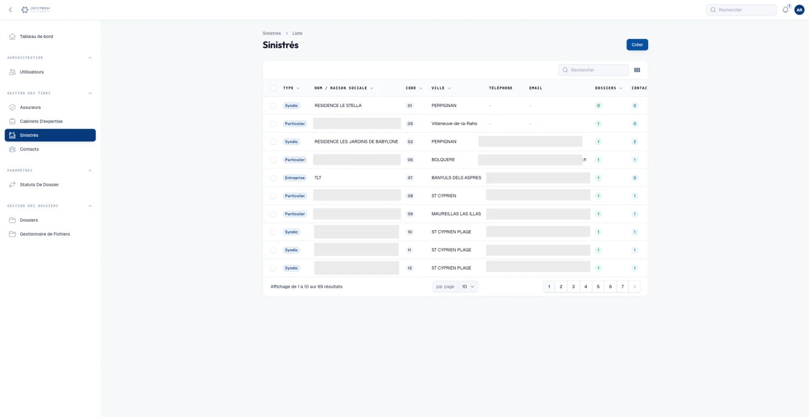 Capture du projet CRM Perpitech : sinistres