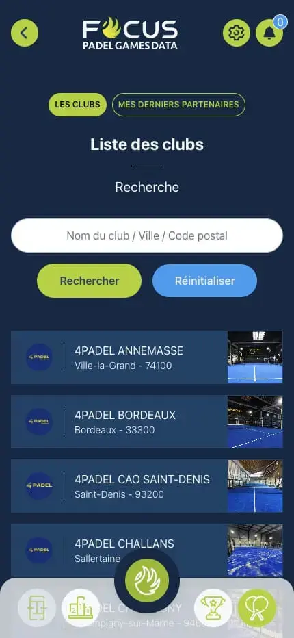Capture du projet Focus Padel : clubs