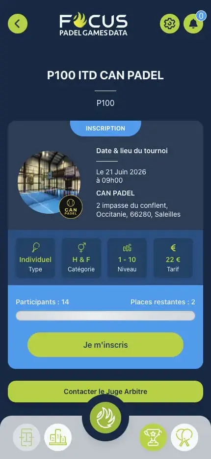 Capture du projet Focus Padel : tournoi