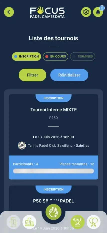 Capture du projet Focus Padel : tournois