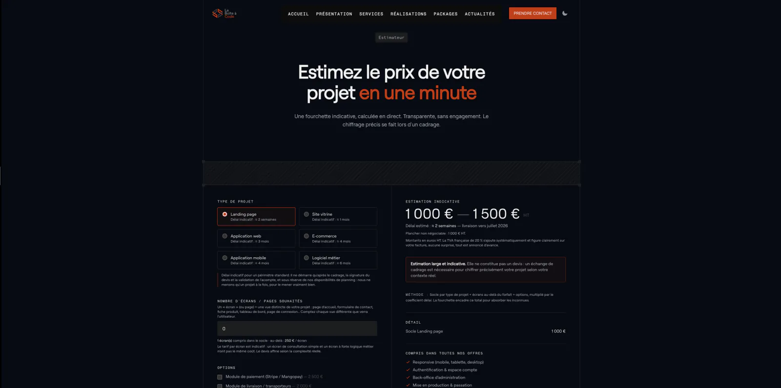 Capture du projet La Boîte à Code : laboiteacode estimator