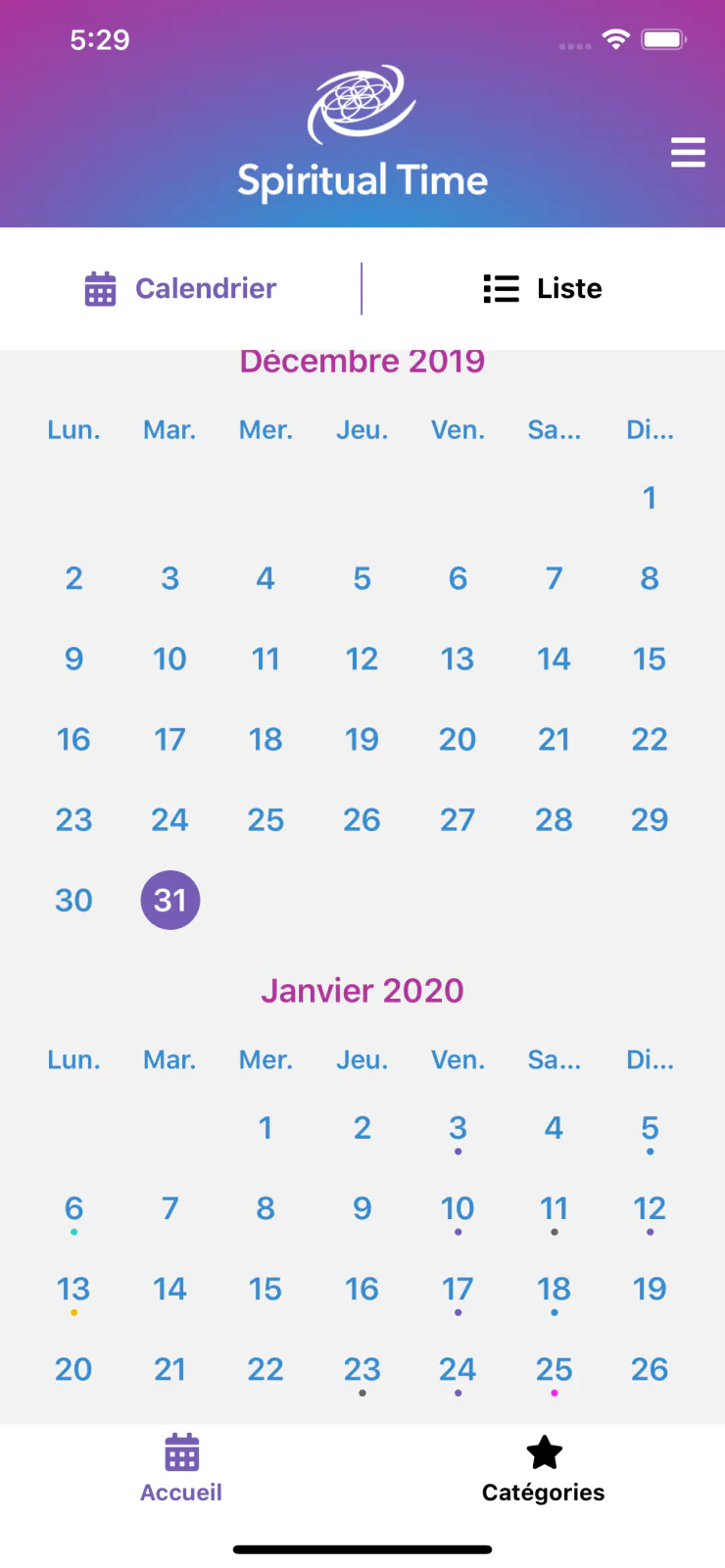 Capture du projet Spiritual Time : accueil