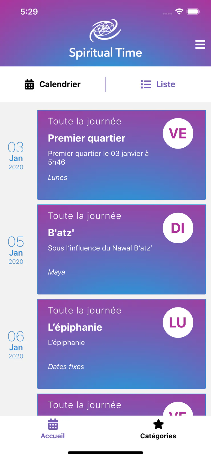 Capture du projet Spiritual Time : calendrier