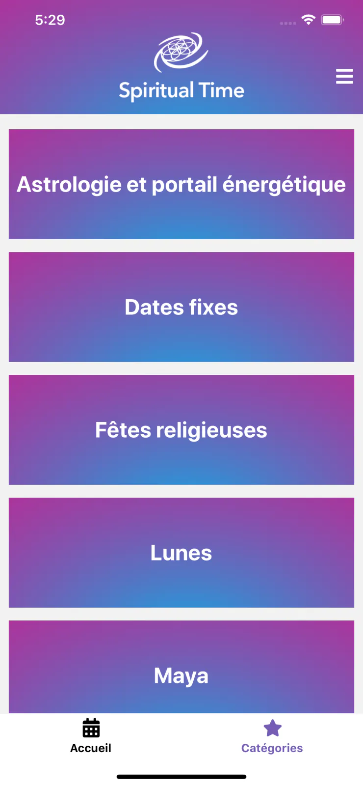 Capture du projet Spiritual Time : categories