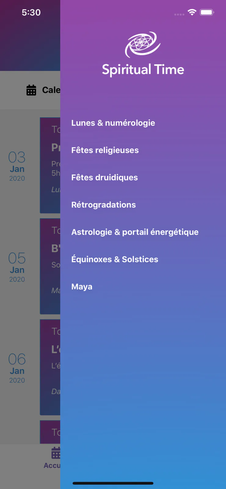 Capture du projet Spiritual Time : menu