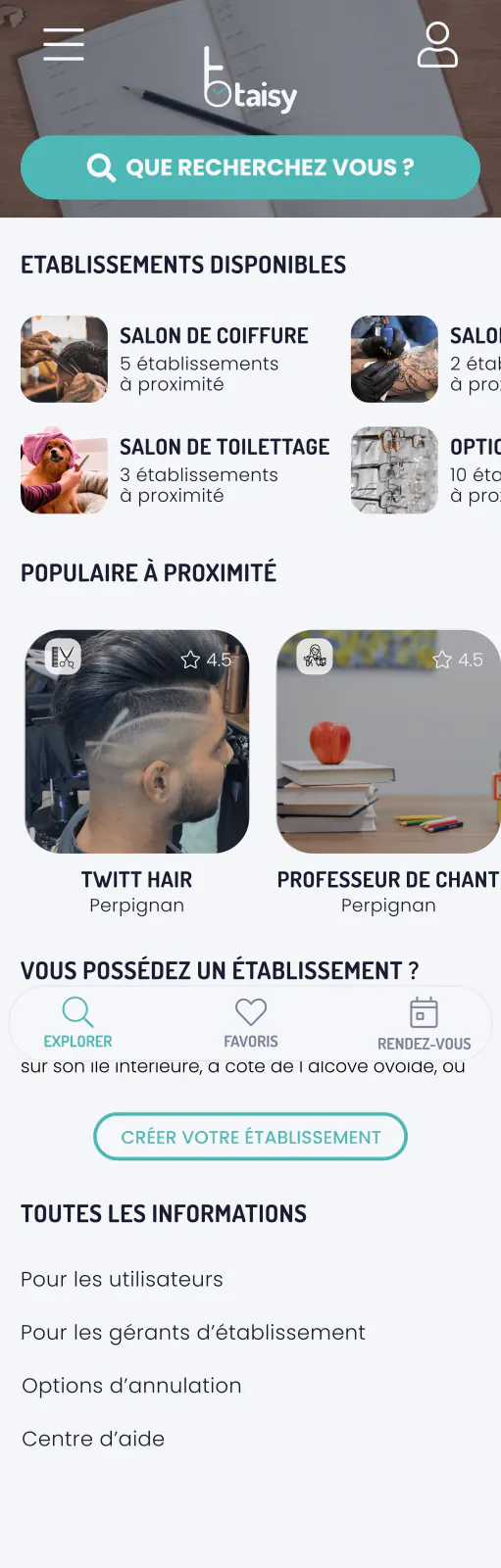 Capture du projet Taisy : accueil